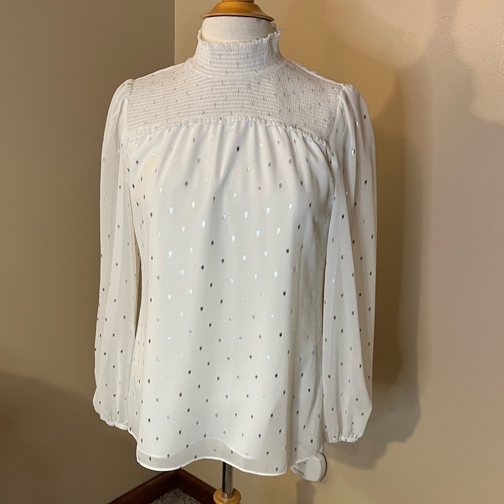 WHBM White Mock Neck with Silver Accents Blouse Sz XS